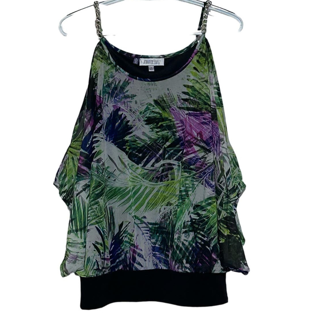 Jennifer Lopez Womens Black Green Purple Open Shoulder Blouse Gold Accent Size S